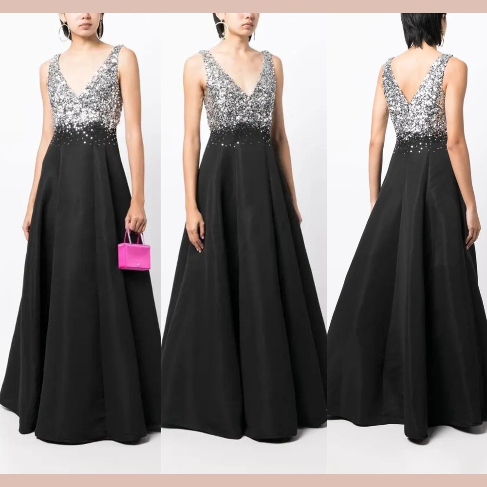 NWT $1095 Sachin &‎ Babi [ 2 ] Caterina Sequin V-neck Gown in Black Silver